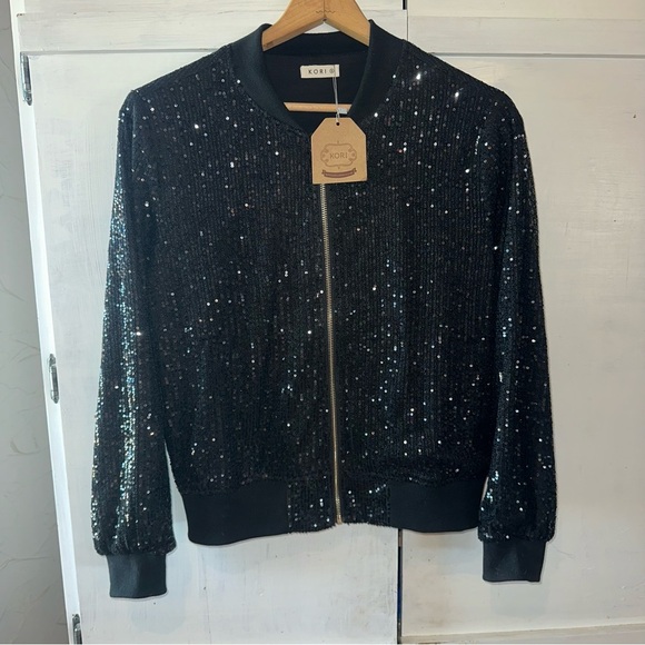 NWT Kori Black Sequin Bomber Jacket SO CUTE! Size: Small - Picture 1 of 5